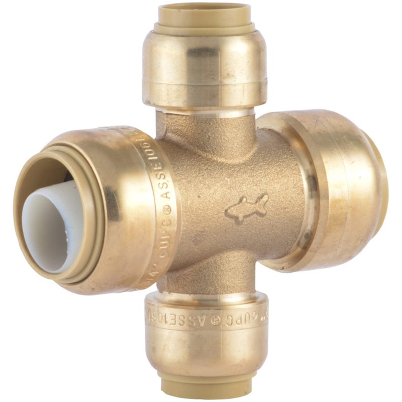 SharkBite 3/4 x 3/4 x 1/2 x 1/2 Inch Cross Tee, Push To Connect Brass Plumbing Fitting, PEX Pipe, Copper, CPVC, PE-RT, HDPE, U380LFA - Image 1
